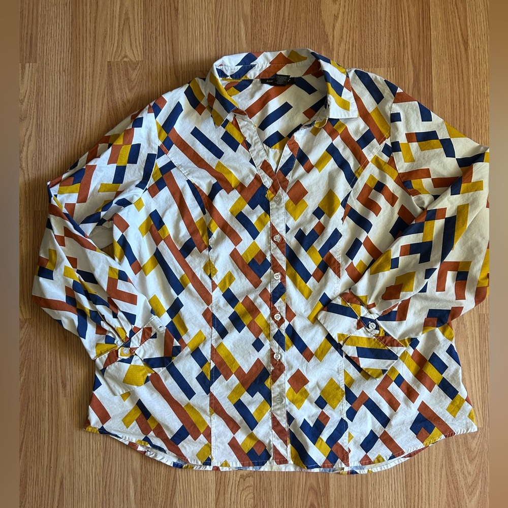 Ashley Stewart Blue and Orange Geometric Top